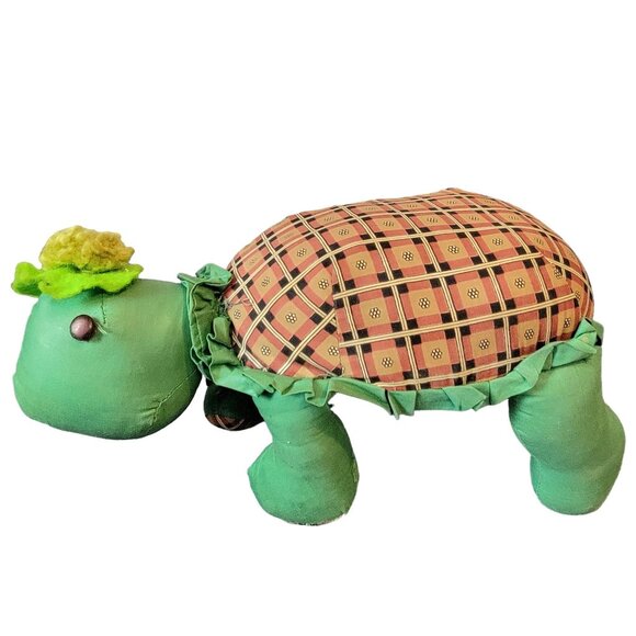 Vintage 80s Handmade Turtle Stuffed Animal Set Plaid Hat Home Decor Child Room - Picture 2 of 14